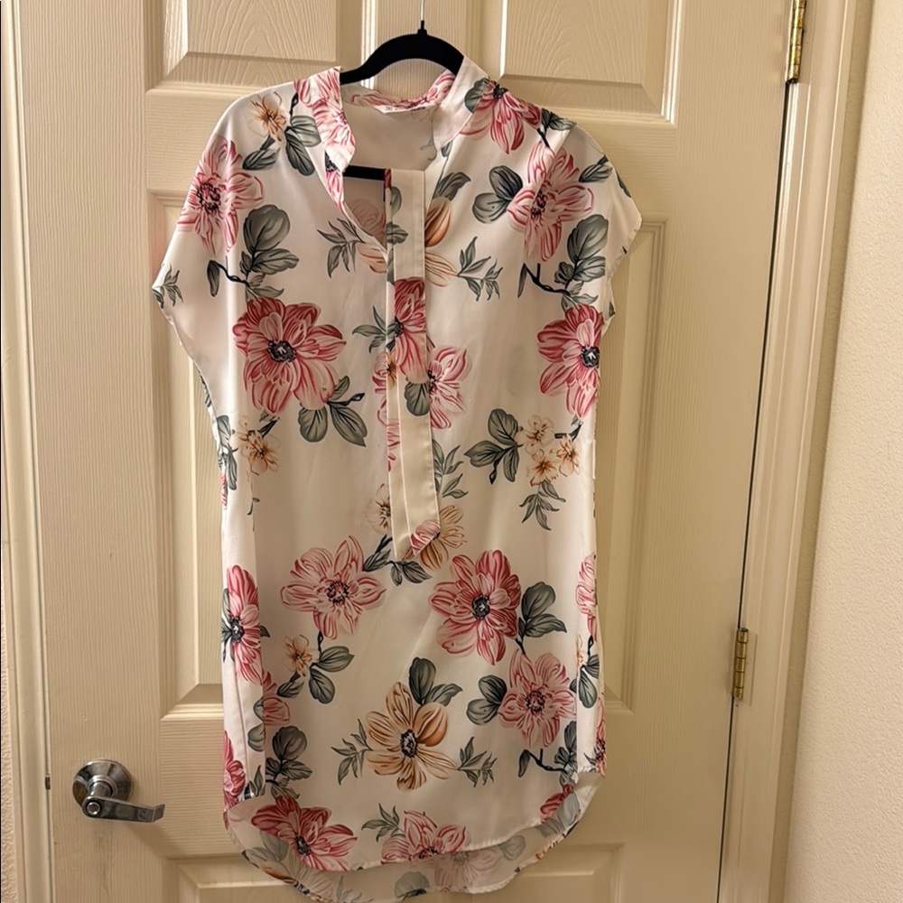 PatPat White and Pink Midi Dress Short Sleeve Button Down